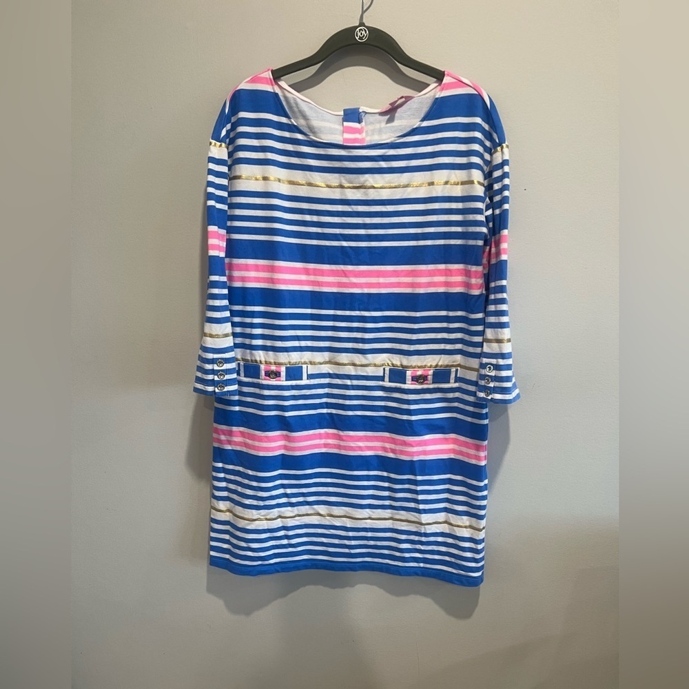 Lilly Pulitzer Lena Shift Dress Lapis Blue Tiki Stripe Stretch Medium
(M)